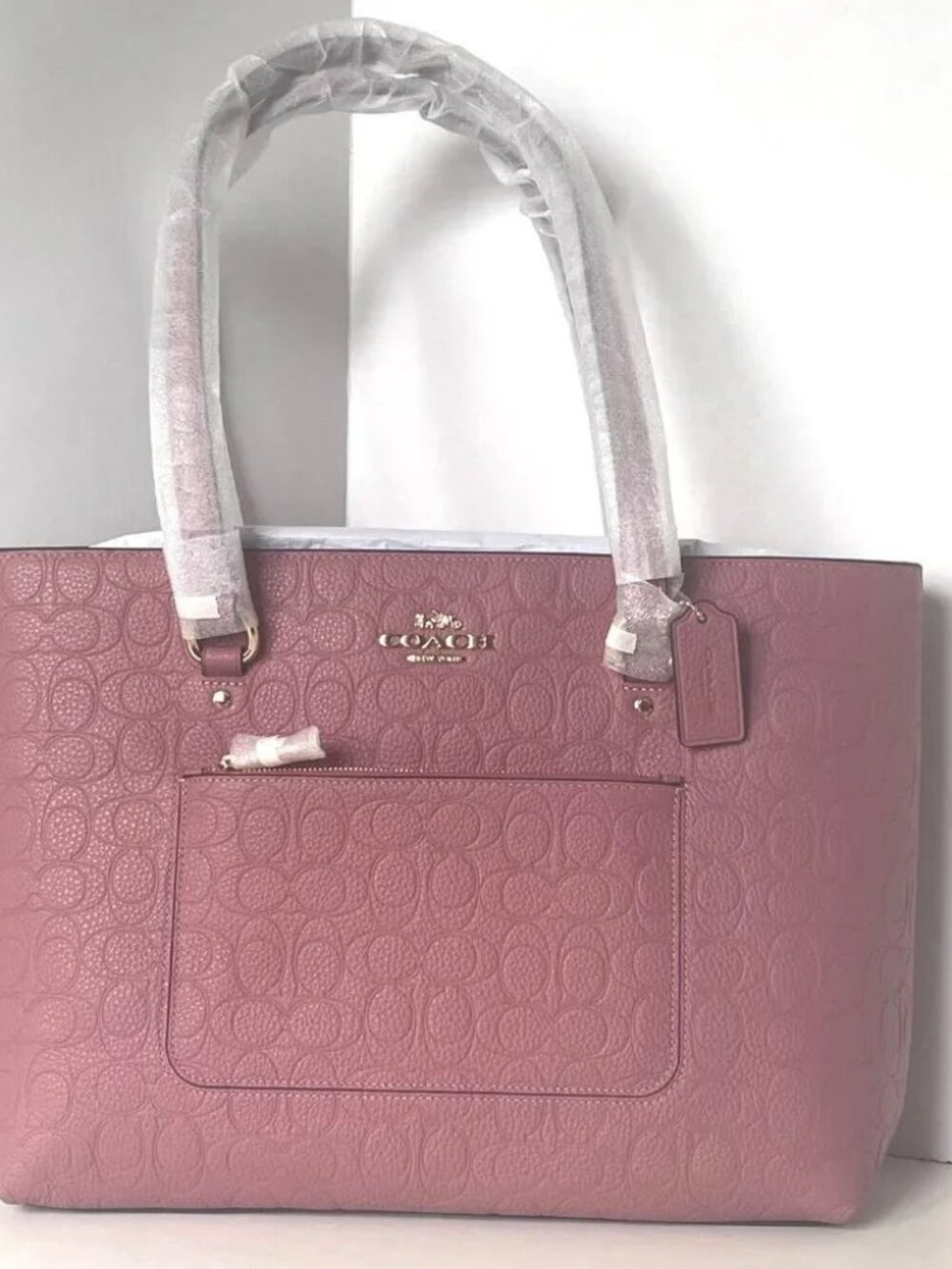 Coach Dusty Rose Embossed Signature Leather Tote Bag Gold Logo Front Pocket Shou